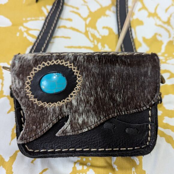 Cowhide Rodeo Western Turquoise Stone Mini Crossbody Small Purse - Picture 1 of 13